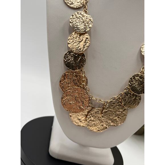 Banana Republic Signed Gold Tone Long Textured Coin Dangle Long Toggle Necklace - Picture 3 of 8